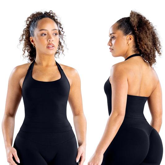 DENFY Women's Seamless Backless Gym Tank Top - Stylish Fitness Sportswear for Yoga & Workouts