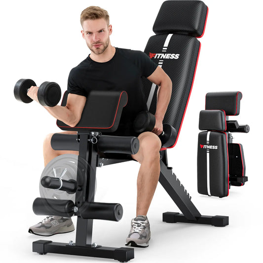 Foldable Weight Bench, 880Lbs Weight Capacity , Weight Plate Not Included, Workout Bench Press for Home Gym, Banco Para Hacer Ejercicio Incline Decline Sit up Workout Equipment, Leg Extension and Preacher Pad for Full Body Strength Training